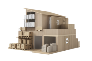 Modern wooden warehouse with containers and boxes, featuring a sustainable design and eco-friendly practices. Ideal for logistics and storage. png