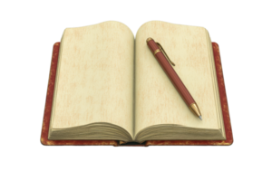Open vintage book with blank pages and a pen resting on top, ready for writing or note-taking. Ideal for literature, education, and creativity concepts. png