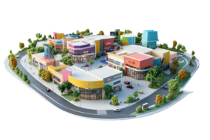 Modern shopping complex with colorful buildings, green landscape, and surrounding road. Ideal for retail and urban designs. png