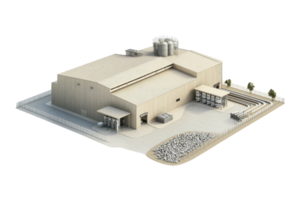 A 3D rendering of an industrial warehouse building with surrounding cargo and structures, showcasing modern architecture and design. png