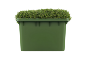 Small green container with grass lid, isolated on transparent background. Eco-friendly storage solution for garden or home use. png
