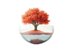 Surreal image of a vibrant red tree in a glass bowl, representing nature, isolation, and abstract art. png