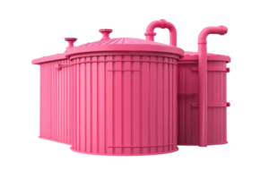 Pink industrial tanks with connected pipes. Modern storage containers for liquid or gas in a commercial setting, isolated on transparent background. png
