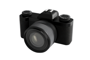 High-quality black digital camera with lens, ideal for photography enthusiasts and professional photographers. Isolated on transparent background. png