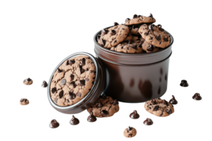 Delicious chocolate chip cookies overflowing from a container, surrounded by chocolate chips, perfect for a snack or dessert indulgence. png