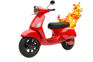 Red scooter on fire isolated on transparent background. symbolizing speed, energy, and urgency. Vibrant and dynamic image for creative concepts. png