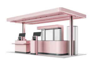 Modern pink kiosk with canopy and self-service terminals. Ideal for fast food, beverages, and convenience services. Futuristic design. png