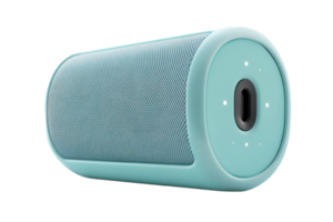 Modern cylindrical wireless Bluetooth speaker with a teal color, designed for high-quality audio output and stylish home decor. png