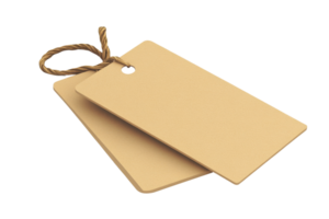 Pair of blank brown tags tied with a string. Ideal for labeling, pricing, or gift wrapping. Neutral design suitable for various uses. png