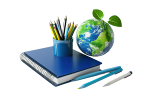 Back to school concept with notebooks, pencils, pens, and a globe. Ideal for education themes and learning environments. png