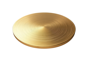 Close-up of a polished gold disc with concentric circular patterns, isolated on a transparent background. Perfect for design and industrial use. png
