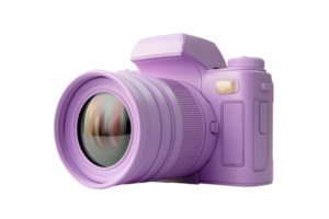 Lilac-colored DSLR camera with a large lens on a transparent background., showcasing vibrant and modern photography equipment. png