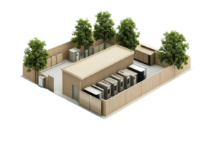 Aerial view of a modern data center compound with cooling units and trees, emphasizing secure, eco-friendly technology infrastructure. png