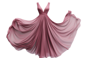 Elegant pink evening dress with flowing fabric and deep V-neck, perfect for formal events and glamorous occasions. png
