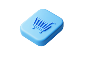 3D render of a blue shopping cart icon button, isolated on transparent background. Ideal for e-commerce and online shopping concepts. png