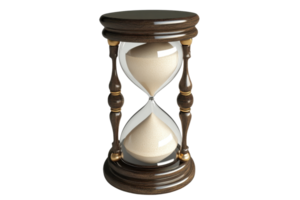Classic hourglass with wooden frame and sand running through. Symbol of time, countdown, and vintage style. Perfect for decor and illustration. png