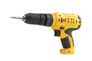 Close-up of a yellow cordless drill with a black grip and bit installed, isolated on a transparent background. ideal for DIY or construction projects. png
