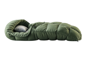 Comfortable green sleeping bag with pillow, ideal for camping and outdoor adventures during all seasons. In-depth and close-up view. png