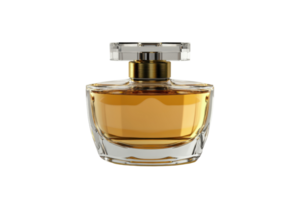 Elegant perfume bottle with golden amber liquid, isolated on transparent background. perfect for beauty, fragrance, and luxury concept displays. png