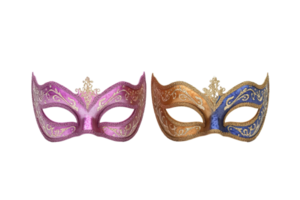 Elegant pink and gold masquerade masks with intricate designs, perfect for parties, festivals, and celebrations, isolated on transparent background. png