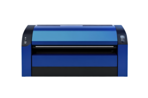 Front view of a modern blue industrial printer on a transparent background. High-resolution image ideal for printing, technology, and office themes. png