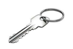 High-quality image of a metal key on a keyring, isolated on white. Perfect for themes of security, access, and home. png