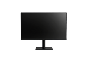 Modern black computer monitor with a sleek design, isolated on a transparent background. perfect for office or home workspace setups. png