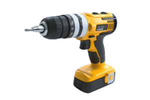 High-quality yellow cordless power drill with a black grip, isolated on a transparent background. perfect for construction and DIY projects. png