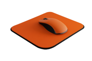 Modern orange computer mouse on a matching square mousepad isolated on a transparent background. perfect for tech and office themes. png