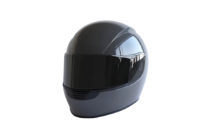 High-resolution image of a modern, black full-face motorcycle helmet with a reflective visor, isolated on a transparent background. png