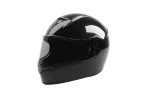 Shiny black motorcycle helmet for safety and style. Perfect for professional riders and enthusiasts. Durable and sleek design. png