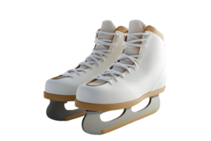 Pair of white ice skates with golden accents on a reflective surface. Ideal for winter sports, ice skating, and professional use. png