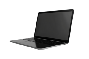 Sleek, modern laptop with a black screen open at an angle, perfect for business, work from home, or casual use. png