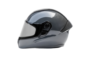 Sleek gray aerodynamic motorcycle helmet with visor, side view. Perfect gear for safety and style on the road. png