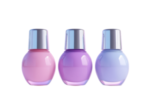 Three colorful nail polish bottles in pink, purple, and blue shades with silver caps, isolated on a transparent background. Perfect for beauty and fashion projects. png