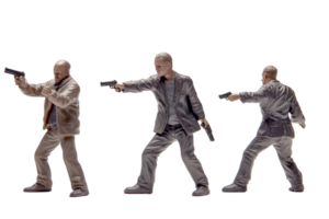 Three action figures depicting men in shooting stance with guns drawn, isolated on transparent background. png