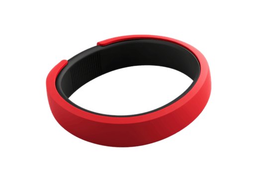 Sleek red fitness tracker in close-up, showcasing minimalist design and functionality. Ideal for monitoring health and activity levels. png