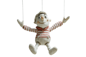 Vintage wooden marionette puppet with striped shirt and shorts on strings isolated on transparent background. png