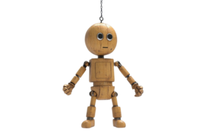 Wooden robot figurine with expressive eyes hanging from a chain. A unique and creative design capturing craftsmanship and imagination. png