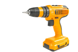 Yellow cordless power drill with black accents, isolated on transparent background. Ideal for DIY projects and professional construction. png
