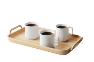 Wooden tray with three white coffee cups filled with black coffee, isolated on transparent background. showcasing elegant tableware and beverage concept. png