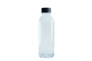 A clear, reusable plastic water bottle with a black cap, perfect for hydration on-the-go, exercise, or everyday use. png