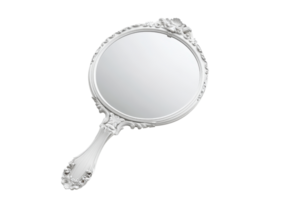 Elegant handheld mirror with ornate silver design, isolated on a transparent background. perfect for beauty and antique themed projects. png
