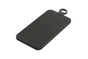 Black plastic luggage tag or keychain with rectangular shape and a small circular attachment, isolated on transparent background. png