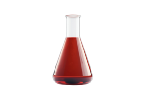A clear Erlenmeyer flask filled with a vibrant red liquid, used for laboratory experiments and scientific research. png