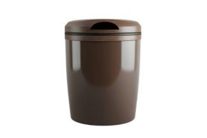 A sleek, brown plastic trash can with a round lid, ideal for home or office use. Modern design complements any setting. Durable and easy to clean. png