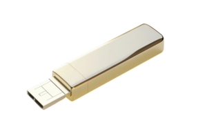 Gold USB flash drive isolated on transparent background. ideal for data storage, transfer, and backup in a sleek, stylish design. png