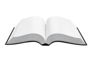 Open blank book with white pages isolated on transparent background. Perfect for presentations, illustrations, and design projects. png