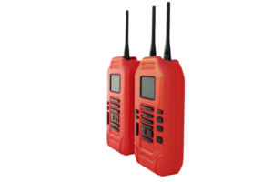 Pair of red walkie-talkies with antennas, isolated on transparent background. Communication devices for outdoor activities and professional use. png