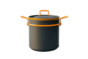 Kitchen pot with lid and orange handles, perfect for cooking soups, stews, and various dishes. Essential cookware for home and professional kitchens. png
